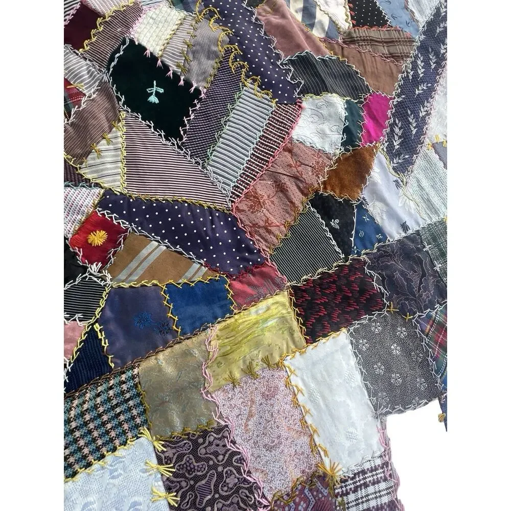 Antique 1933 Crazy quilt Detailed Stitching 62